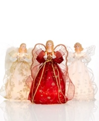 Spirits of the season. Clasping two bright lights, this beautiful tree topper presides over your annual holiday gathering in red and gold or pure white, all with the serenity and grace of an angel. Spirits of the season. Clasping two bright lights, this beautiful tree topper presides over your annual holiday gathering in red and gold or pure white, all with the serenity and grace of an angel.