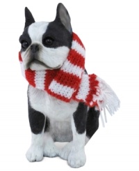 A fetching gift for animal lovers, the Boston terrier Christmas ornament depicts the beloved black and white pup waiting patiently for treats and dressed in a holiday scarf. From Sandicast. A fetching gift for animal lovers, the Boston terrier Christmas ornament depicts the beloved black and white pup waiting patiently for treats and dressed in a holiday scarf. From Sandicast.