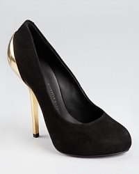 From Giuseppe Zanotti comes the provocative Nana pump--the standout style in soft suede makes a show-stopping exit with a metal capped heel. From Giuseppe Zanotti comes the provocative Nana pump--the standout style in soft suede makes a show-stopping exit with a metal capped heel.