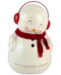 Too sweet, this irresistible snowman cookie jar is just begging for a fresh batch of Christmas cookies. With a red knit scarf, it's a festive treat from Department 56. Too sweet, this irresistible snowman cookie jar is just begging for a fresh batch of Christmas cookies. With a red knit scarf, it's a festive treat from Department 56.