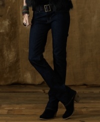 Tailored for a slim fit in dark blue denim, Denim & Supply Ralph Lauren's versatile low-rise jean lays a stylish foundation for any day or night ensemble. Tailored for a slim fit in dark blue denim, Denim & Supply Ralph Lauren's versatile low-rise jean lays a stylish foundation for any day or night ensemble.