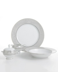 Clean and cool with an understated elegance, Mikasa's Parchment fine china dinnerware and dishes collection features a soft gray border embellished by an intricate scroll design. Accented by inner and outer borders of platinum. Dishwasher safe. 5-piece completer set features vegetable bowl, platter, covered sugar bowl and creamer. Clean and cool with an understated elegance, Mikasa's Parchment fine china dinnerware and dishes collection features a soft gray border embellished by an intricate scroll design. Accented by inner and outer borders of platinum. Dishwasher safe. 5-piece completer set features vegetable bowl, platter, covered sugar bowl and creamer.