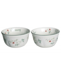 A festive companion to the holiday table, these sentimental Winterberry dessert bowls from Pfaltzgraff are adorned with a classic holly pattern, embossed detail and the words Harmony, Peace and Joy. A festive companion to the holiday table, these sentimental Winterberry dessert bowls from Pfaltzgraff are adorned with a classic holly pattern, embossed detail and the words Harmony, Peace and Joy.