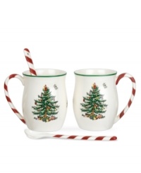 Christmas couldn't be sweeter with Spode's Christmas Tree Peppermint mugs and candy cane spoons. An iconic holiday favorite with raised detail and red candy stripes makes hot cocoa or eggnog especially irresistible. Christmas couldn't be sweeter with Spode's Christmas Tree Peppermint mugs and candy cane spoons. An iconic holiday favorite with raised detail and red candy stripes makes hot cocoa or eggnog especially irresistible.