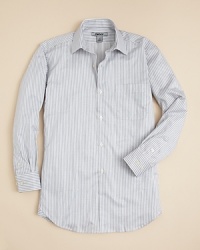 DKNY's double pinstripe button down shirt updates his dressy wardrobe with a versatile piece that adapts to his personal look. DKNY's double pinstripe button down shirt updates his dressy wardrobe with a versatile piece that adapts to his personal look.