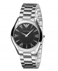 Versatile and in vogue. This sleek watch by Emporio Armani is forever chic. Stainless steel bracelet and round case. Black dial features applied silver tone Roman numerals at markers, minute track, two silver tone hands and logo. Quartz movement. Water resistant to 30 meters. Two-year limited warranty. Versatile and in vogue. This sleek watch by Emporio Armani is forever chic. Stainless steel bracelet and round case. Black dial features applied silver tone Roman numerals at markers, minute track, two silver tone hands and logo. Quartz movement. Water resistant to 30 meters. Two-year limited warranty.