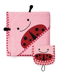 Crafted from soft cotton terry cloth, the large hooded towel and coordinating ladybug bath mitt wraps baby in cozy comfort during and after bath time. Crafted from soft cotton terry cloth, the large hooded towel and coordinating ladybug bath mitt wraps baby in cozy comfort during and after bath time.