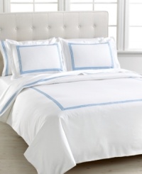 Clean and simple defines the Merrow Line Hem Embroidery duvet cover set from Westport, featuring luxe 300-thread count cotton sateen and an embroidered triple stripe frame embellishment for a touch of style & color. Clean and simple defines the Merrow Line Hem Embroidery duvet cover set from Westport, featuring luxe 300-thread count cotton sateen and an embroidered triple stripe frame embellishment for a touch of style & color.
