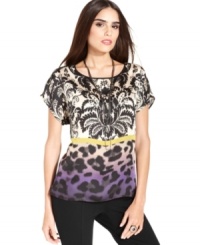 A combination of charming prints make this petite Alfani top a hit! Pair with jeans, pants or skirts for a complete ensemble. A combination of charming prints make this petite Alfani top a hit! Pair with jeans, pants or skirts for a complete ensemble.