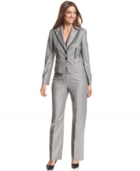 Unique details give Nine West's petite suit an edge: contrasting trim and peaked lapels evoke classic menswear style, while structured tailoring ensures a feminine fit. Unique details give Nine West's petite suit an edge: contrasting trim and peaked lapels evoke classic menswear style, while structured tailoring ensures a feminine fit.