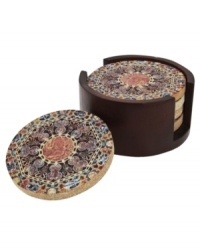 With a colorful medallion design in solid sandstone, Thirstystone coasters provide artful accents and protection for coffee and kitchen tables. The dark walnut-colored holder corrals this set of four. With a colorful medallion design in solid sandstone, Thirstystone coasters provide artful accents and protection for coffee and kitchen tables. The dark walnut-colored holder corrals this set of four.