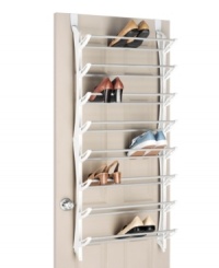 Shut the door on clutter and disorder! An over-the-door shoe rack transforms your space, holding up to 24 pairs and putting matches on display for quick grabbing. Nonslip door pads prevent scratching and hold the rack in place for order that lasts. Shut the door on clutter and disorder! An over-the-door shoe rack transforms your space, holding up to 24 pairs and putting matches on display for quick grabbing. Nonslip door pads prevent scratching and hold the rack in place for order that lasts.