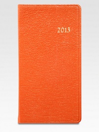 Hand-crafted, Smyth-sewn goatskin leather diary features month-at-a-view and week-at-a-view pages.Gilt-edged acid-free creamy white paperAbout 3W X 6HMade in USA Hand-crafted, Smyth-sewn goatskin leather diary features month-at-a-view and week-at-a-view pages.Gilt-edged acid-free creamy white paperAbout 3W X 6HMade in USA