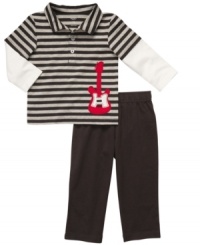 Keep him rockin' through the day in this handsome striped shirt and pant set from Carter's. Keep him rockin' through the day in this handsome striped shirt and pant set from Carter's.
