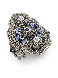 THE LOOKGypsy CollectionCuff silhouetteScalloped edgesLapis cabochon, blue opal and Swarovski crystal accentsAntique silverplated settingTHE MEASUREMENTWidth, about 4Diameter, about 2¾Opening, about 1ORIGINMade in USA THE LOOKGypsy CollectionCuff silhouetteScalloped edgesLapis cabochon, blue opal and Swarovski crystal accentsAntique silverplated settingTHE MEASUREMENTWidth, about 4Diameter, about 2¾Opening, about 1ORIGINMade in USA