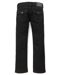 With a slim fit, back flap snap pockets and a hip black wash, these Jack AX True Religion jeans will be his new-season fave. With a slim fit, back flap snap pockets and a hip black wash, these Jack AX True Religion jeans will be his new-season fave.