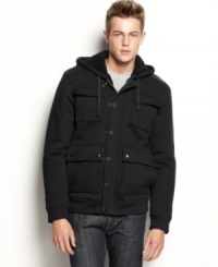 This handsome DKNY Jeans sherpa lined hooded fleece is the perfect layer for that in-between-seasons weather. This handsome DKNY Jeans sherpa lined hooded fleece is the perfect layer for that in-between-seasons weather.