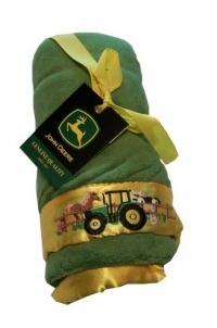 John Deere Fleece Blanket with Embroidered Satin Trim - Down on the Farm Design John Deere Fleece Blanket with Embroidered Satin Trim - Down on the Farm Design