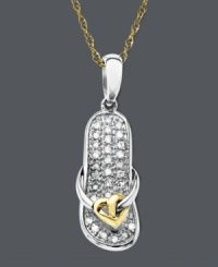 Perfect for the gal who loves fun in the sun. This clever pendant features a flip flop design crafted in sterling silver with a 14k gold heart accent. Sandal sole dusted in sparkling round-cut diamond. Approximate length: 18 inches. Approximate drop: 3/4 inch. Perfect for the gal who loves fun in the sun. This clever pendant features a flip flop design crafted in sterling silver with a 14k gold heart accent. Sandal sole dusted in sparkling round-cut diamond. Approximate length: 18 inches. Approximate drop: 3/4 inch.