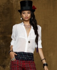 Add chic menswear-inspired garb to your wardrobe with Denim & Supply Ralph Lauren's romantic tuxedo shirt rendered in luxe sheer fabric that can be worn easily from day to night. Add chic menswear-inspired garb to your wardrobe with Denim & Supply Ralph Lauren's romantic tuxedo shirt rendered in luxe sheer fabric that can be worn easily from day to night.