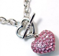 Designer Inspired Pink Crystal Puff Heart Charm Toggle Necklace - White Gold Plated Designer Inspired Pink Crystal Puff Heart Charm Toggle Necklace - White Gold Plated