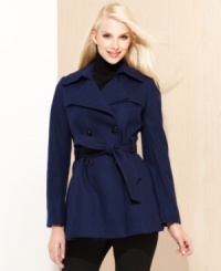Via Spiga's pea coat features classic double-breasted style at the front and flattering pleated details at the back hem. Via Spiga's pea coat features classic double-breasted style at the front and flattering pleated details at the back hem.
