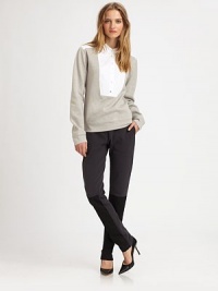 Slimming dress pants with trend-smart colorblocking and skinny-leg construction. Button closureZip flySlash pocketsInseam, about 31Rise, about 10CottonDry cleanImportedModel shown is 5'9 (175cm) wearing US size Small. Slimming dress pants with trend-smart colorblocking and skinny-leg construction. Button closureZip flySlash pocketsInseam, about 31Rise, about 10CottonDry cleanImportedModel shown is 5'9 (175cm) wearing US size Small.