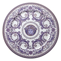 Inspired by the opulent parties of Louis XIV's Royal Court, Versace's Le Grand Divertissement collection is as ornate and luxurious as you'd expect from the Italian design house. The iconic Arabesque leaf design is rendered in lavender and gold against a classic white background with no attention to detail spared. Inspired by the opulent parties of Louis XIV's Royal Court, Versace's Le Grand Divertissement collection is as ornate and luxurious as you'd expect from the Italian design house. The iconic Arabesque leaf design is rendered in lavender and gold against a classic white background with no attention to detail spared.