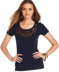 Exotic beading at the chest of this Lucky Brand Jeans tee transforms it into something that feels stylishly out of the ordinary. Exotic beading at the chest of this Lucky Brand Jeans tee transforms it into something that feels stylishly out of the ordinary.