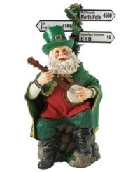 The luck of the Irish! Santa traded his traditional red suit for this Celtic-inspired green ensemble. With an instrument in hand, he sings Christmas carols at the crossroads of Ireland and the North Pole. The luck of the Irish! Santa traded his traditional red suit for this Celtic-inspired green ensemble. With an instrument in hand, he sings Christmas carols at the crossroads of Ireland and the North Pole.