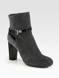 Glossy patent leather adds polish to this suede favorite on a towering stacked heel. Stacked heel, 3½ (90mm)Suede and patent leather upperAdjustable patent leather ankle strapSide zipLeather liningRubber solePadded insoleMade in Italy Glossy patent leather adds polish to this suede favorite on a towering stacked heel. Stacked heel, 3½ (90mm)Suede and patent leather upperAdjustable patent leather ankle strapSide zipLeather liningRubber solePadded insoleMade in Italy