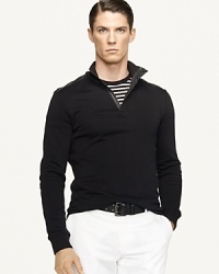 Accented with supple leather detailing at the sleeves and half-zip front, a handsome mockneck pullover is designed in a trim, modern silhouette from luxuriously soft French terry. Accented with supple leather detailing at the sleeves and half-zip front, a handsome mockneck pullover is designed in a trim, modern silhouette from luxuriously soft French terry.
