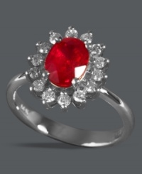 Regally stunning. This Royalty Inspired by Effy Collection ring shines with an oval-cut ruby center (1-1/2 ct. t.w.) surrounded by a sunburst of round-cut diamonds (1/2 ct. t.w). Set in 14k white gold. Regally stunning. This Royalty Inspired by Effy Collection ring shines with an oval-cut ruby center (1-1/2 ct. t.w.) surrounded by a sunburst of round-cut diamonds (1/2 ct. t.w). Set in 14k white gold.