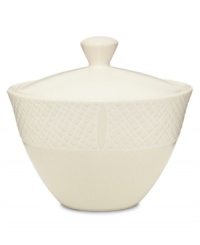 Sleek and simple in solid cream stoneware, the White Pepper covered sugar bowl provides contemporary style for casual dining with an intriguing pebbled texture, smooth body and lid. (Clearance) Sleek and simple in solid cream stoneware, the White Pepper covered sugar bowl provides contemporary style for casual dining with an intriguing pebbled texture, smooth body and lid. (Clearance)