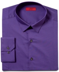 Purple reign. Freshen up your wardrobe of white and blue dress shirts with this Alfani fitted style in a saturated hue. Purple reign. Freshen up your wardrobe of white and blue dress shirts with this Alfani fitted style in a saturated hue.