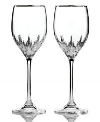 Turn formal affairs into true celebrations with Duchesse Platinum wine glasses from Vera Wang. The renowned bridal designer marries a banded bowl and blazing starburst cut with a beautifully flared stem, all in radiant crystal. Turn formal affairs into true celebrations with Duchesse Platinum wine glasses from Vera Wang. The renowned bridal designer marries a banded bowl and blazing starburst cut with a beautifully flared stem, all in radiant crystal.