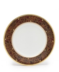 Add drama to your tabletop with this bold pattern from Noritake! Strikingly elegant, this bone china features a rich gold and red brocade border adorned with soft ivory dots and a gold band. Add drama to your tabletop with this bold pattern from Noritake! Strikingly elegant, this bone china features a rich gold and red brocade border adorned with soft ivory dots and a gold band.