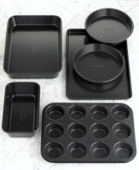 Turn your baked goods into baked greats! This bakeware set from Simply Calphalon features heavyweight construction to withstand daily trips to the oven, while the durable nonstick coating lets your baked treats slide right out. 10-year warranty. Turn your baked goods into baked greats! This bakeware set from Simply Calphalon features heavyweight construction to withstand daily trips to the oven, while the durable nonstick coating lets your baked treats slide right out. 10-year warranty.