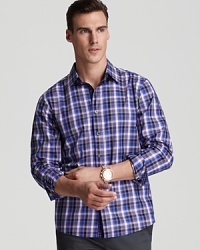Michael Kors' check printed sport shirt boasts a classic fit and vibrant color palette. Michael Kors' check printed sport shirt boasts a classic fit and vibrant color palette.