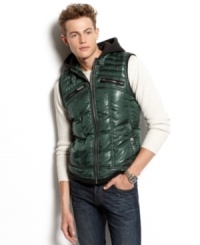 Take your street style and add a contemporary edge to it with this sleek hooded vest from Guess. Take your street style and add a contemporary edge to it with this sleek hooded vest from Guess.