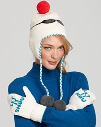 Channel your inner snow bunny in a knit ski hat with intarsia cat eye sunglasses on front and pom-pon embellished braid ties. Channel your inner snow bunny in a knit ski hat with intarsia cat eye sunglasses on front and pom-pon embellished braid ties.