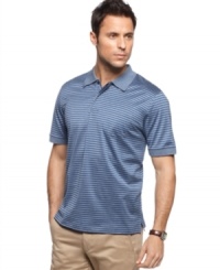 For when you want to keep it casual without toning down your look, this striped polo shirt balances style with stripes for a sporty look. For when you want to keep it casual without toning down your look, this striped polo shirt balances style with stripes for a sporty look.