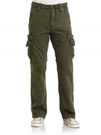 THE LOOKTopstitching detailsBanded waist with belt loopsFront zip with button tab closureSide seam pocketsSide flap cargo pockets with triangle detailBack logo patchBack snap flap pocketsTHE FITRise, about 11Inseam, about 31THE MATERIALCottonCARE & ORIGINMachine washImported THE LOOKTopstitching detailsBanded waist with belt loopsFront zip with button tab closureSide seam pocketsSide flap cargo pockets with triangle detailBack logo patchBack snap flap pocketsTHE FITRise, about 11Inseam, about 31THE MATERIALCottonCARE & ORIGINMachine washImported