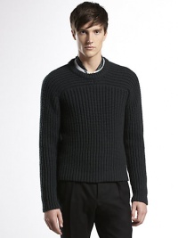 Wool and cashmere crewneck with contrast ribbed details and leather logo tab on side seam.Crewneck70% wool/30% cashmereDry cleanMade in Italy Wool and cashmere crewneck with contrast ribbed details and leather logo tab on side seam.Crewneck70% wool/30% cashmereDry cleanMade in Italy