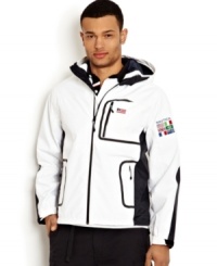 Keep warm on deck with this hooded jacket from Nautica. Keep warm on deck with this hooded jacket from Nautica.