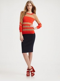 Solid and sheer stripes alternate alluringly in a classic pullover.Ribbed crew necklineWide solid panel across chestWide sheer stripes on sleeveEvenly striped back and bodyLong sleeves with ribbed cuffsRibbed hemAbout 25 from shoulder to hemSolid stripes: cotton Sheer stripes: 78% cotton/22% nylonDry cleanImportedModel shown is 5'9½ (176cm) wearing US size Small. Solid and sheer stripes alternate alluringly in a classic pullover.Ribbed crew necklineWide solid panel across chestWide sheer stripes on sleeveEvenly striped back and bodyLong sleeves with ribbed cuffsRibbed hemAbout 25 from shoulder to hemSolid stripes: cotton Sheer stripes: 78% cotton/22% nylonDry cleanImportedModel shown is 5'9½ (176cm) wearing US size Small.