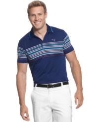 Keep your composure on the course with this striped Puma shirt featuring moisture management for comfort. Keep your composure on the course with this striped Puma shirt featuring moisture management for comfort.