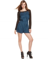 An open back and sheer mesh add eye-catching appeal to this otherwise cute polka-dot BCBGeneration romper -- pair it with stiletto booties to up the edge! An open back and sheer mesh add eye-catching appeal to this otherwise cute polka-dot BCBGeneration romper -- pair it with stiletto booties to up the edge!