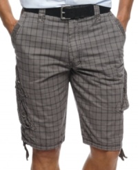 Step into some prep with a rugged edge with these plaid cargo shorts from Marc Ecko Cut & Sew. Step into some prep with a rugged edge with these plaid cargo shorts from Marc Ecko Cut & Sew.