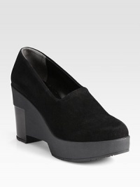 Raise the bar with this heightened silhouette of soft suede with a patent leather wedge. Rubber wedge with patent leather insert, 3¾ (95mm)Rubber platform, 1¼ (30mm)Compares to a 2½ heel (65mm)Suede upperLeather liningRubber trek solePadded insoleImported Raise the bar with this heightened silhouette of soft suede with a patent leather wedge. Rubber wedge with patent leather insert, 3¾ (95mm)Rubber platform, 1¼ (30mm)Compares to a 2½ heel (65mm)Suede upperLeather liningRubber trek solePadded insoleImported